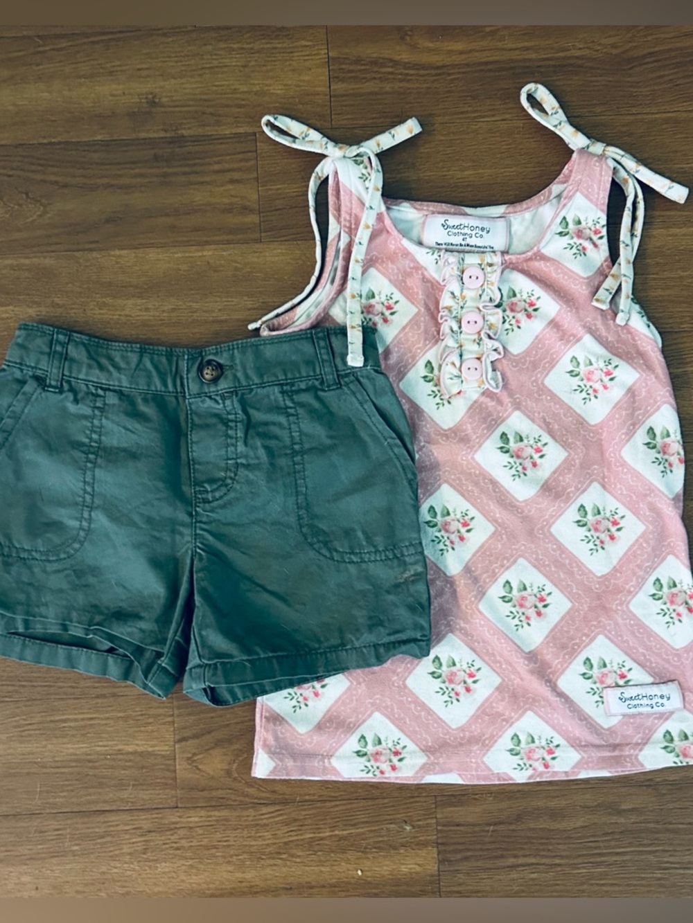 Sweet Honey Pink Floral Tank Carters elastic back Olive Green Shorts